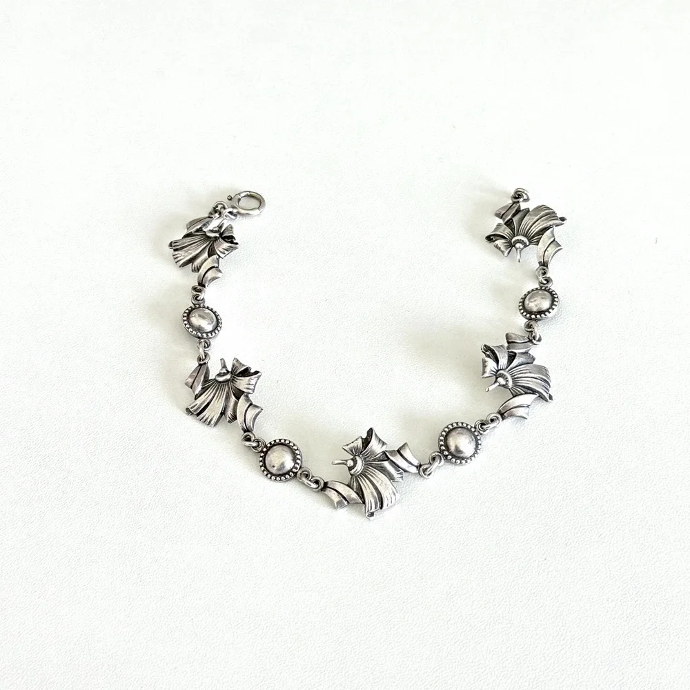 Vintage 925 Sterling Silver Floral Ribbon Design Unique Chain Link Bracelet 7.5